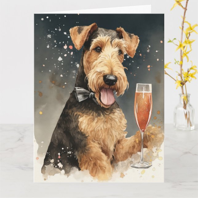 Airedale Terrier Nyårskort Kort (Gul blomma)