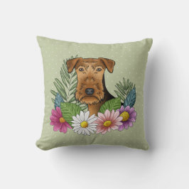 Airedale Terrier och färgglada sommarblommor grön Kudde