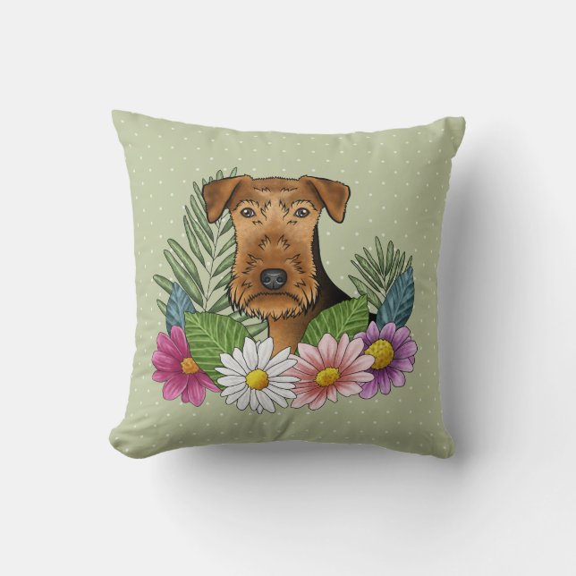 Airedale Terrier och färgglada sommarblommor grön Kudde (Framsida)