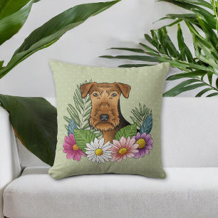 Airedale Terrier och färgglada sommarblommor grön Kudde