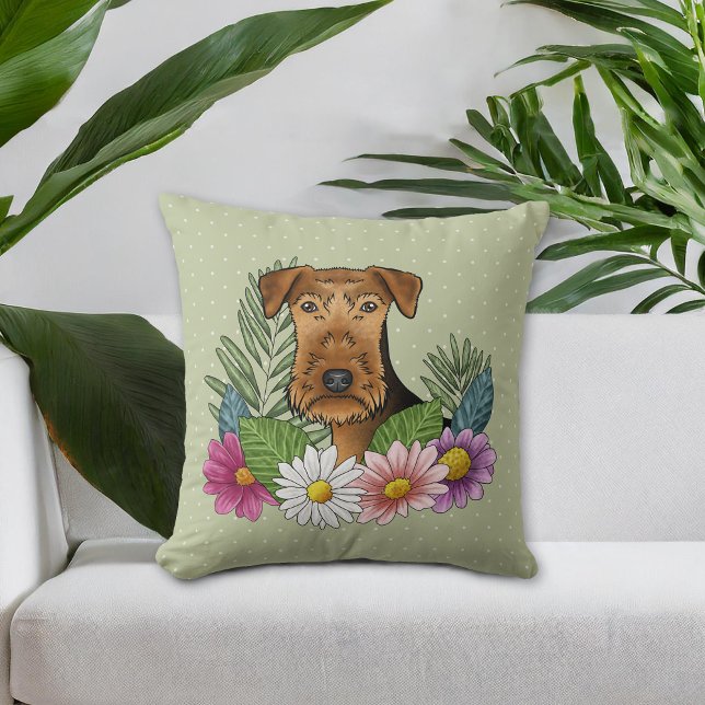 Airedale Terrier och färgglada sommarblommor grön Kudde (Please note: This image is a digital mockup. The product may not be in scale.)