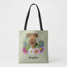 Airedale Terrier Och Färgglada Sommarblommor Gröna