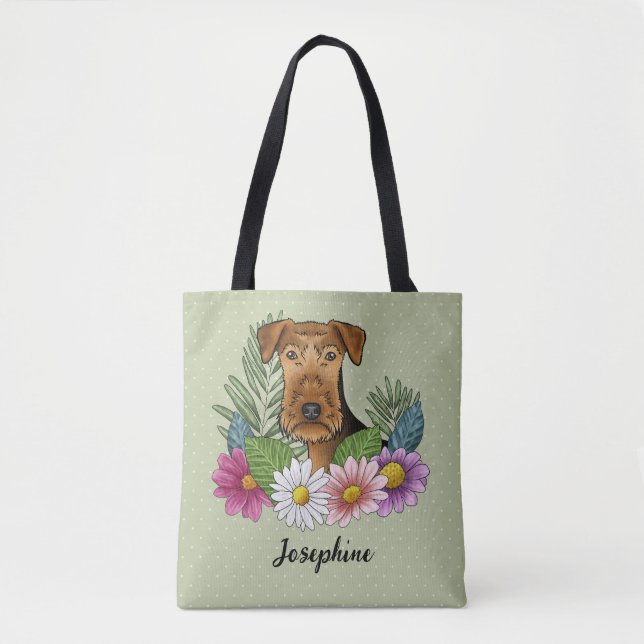 Airedale Terrier Och Färgglada Sommarblommor Gröna Tygkasse (Framsida)
