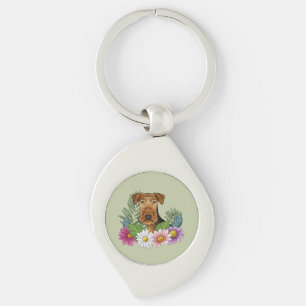 Airedale Terrier och färgglomma sommarblommor grön Swirl Silverfärgad Nyckelring