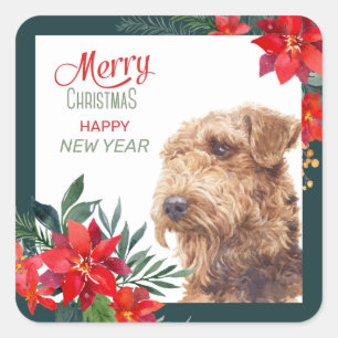 Airedale Terrier Poinsettia Gräns jul Fyrkantigt Klistermärke