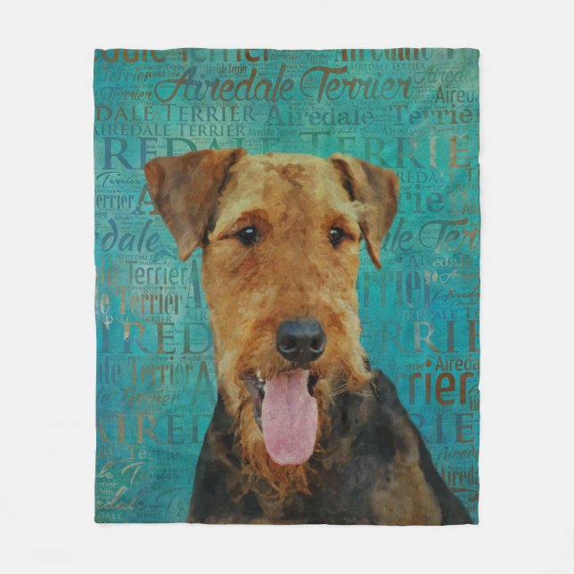 Airedale Terrier Porträtt på Ord Art Fleecefilt (Framsidan)
