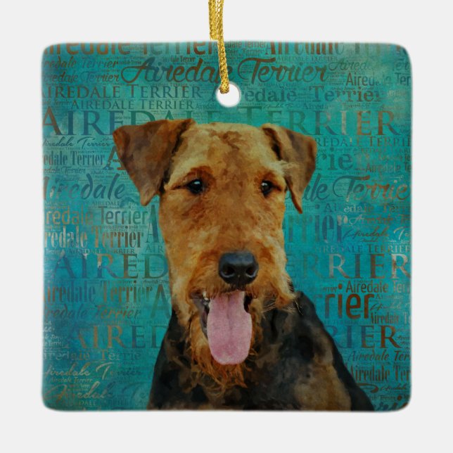 Airedale Terrier Porträtt på Ord Art Julgransprydnad Keramik (Framsida)
