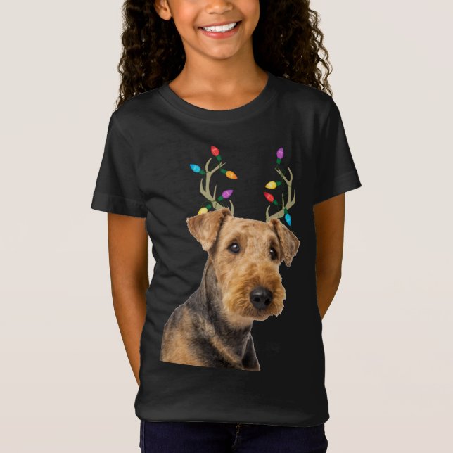 Airedale Terrier Reindeer jul-Hund T Shirt (Framsida)