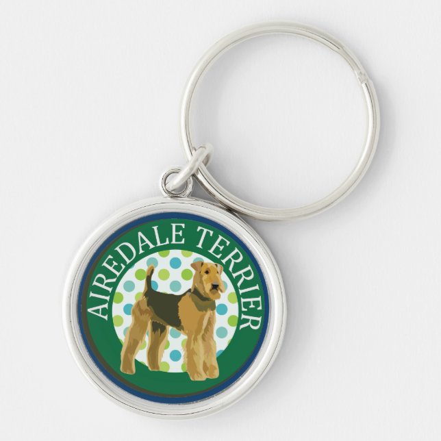 Airedale terrier rund silverfärgad nyckelring (Framsidan)
