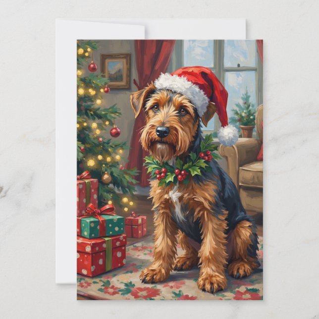 Airedale Terrier Santa Hat Christmas Fun Art Julkort (Framsida)