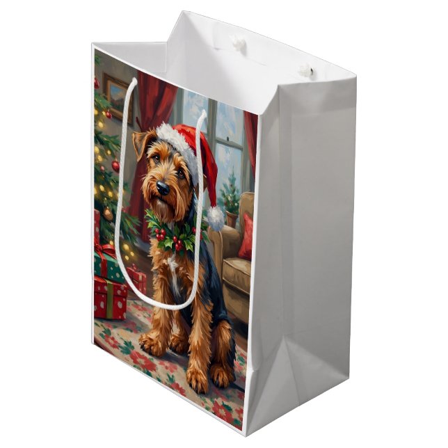 Airedale Terrier Santa hatt jul kul konst (Framsidan Vinklad)