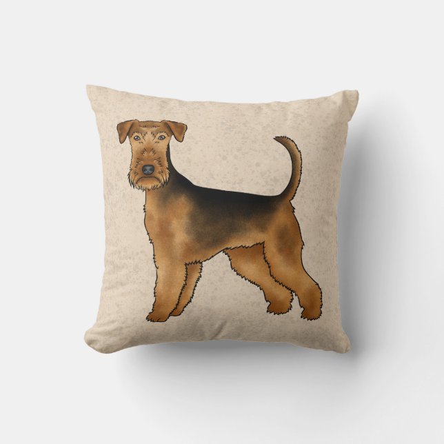 Airedale Terrier Söt Tecknad Hund På Beige Kudde (Framsida)