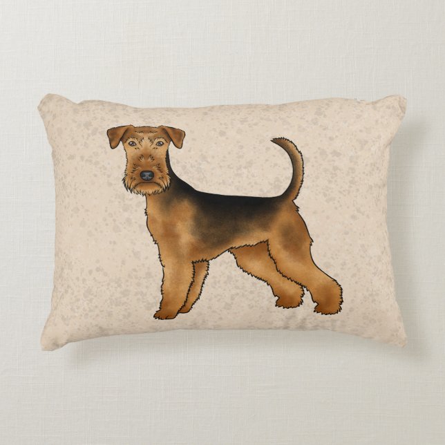 Airedale Terrier Söt Tecknad Hund På Beige Prydnadskudde (Framsidan)