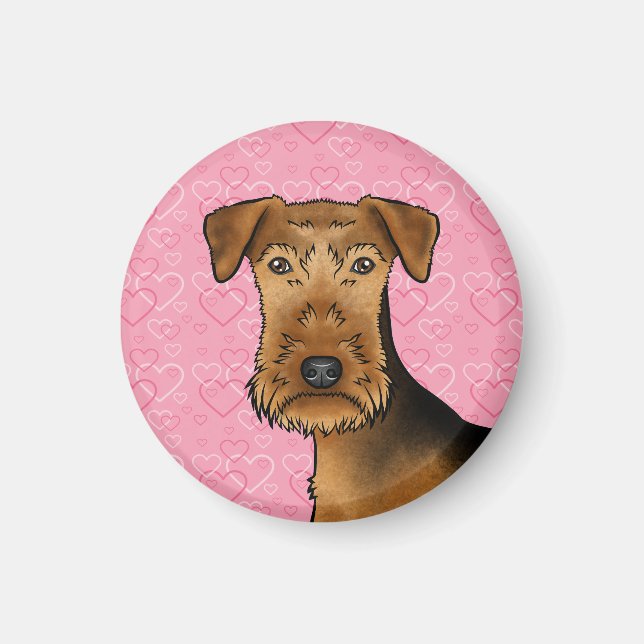 Airedale Terrier Sött Hundhuvud På Rosa Hjärtan Magnet (Framsidan)