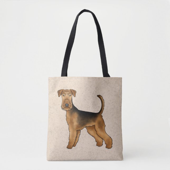 Airedale Terrier Tecknad Hund Stående På Beige Tygkasse (Framsida)