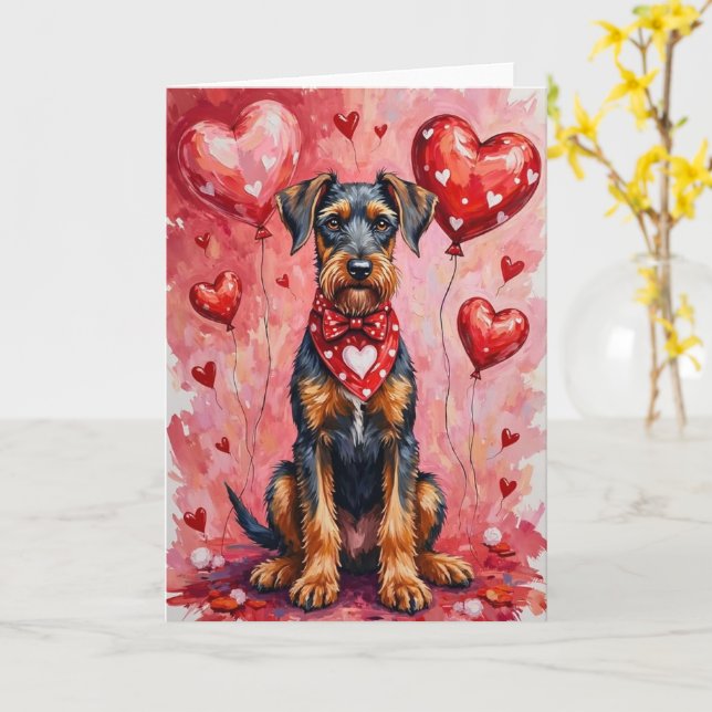 Airedale Terrier Valentinesdag Hund med hjärtan Kort (Gul blomma)