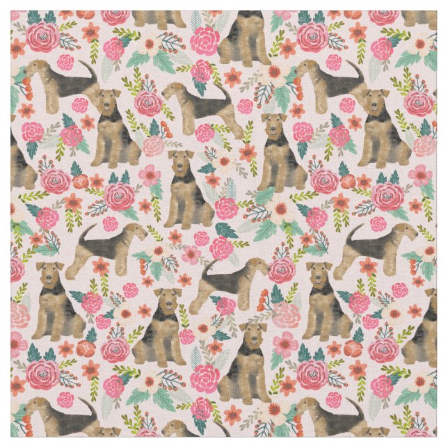Airedale Terrier vintage blommigt rosa Tyg (Närbild)