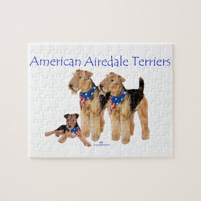 Airedale Terriers Amerikansk Flagga Pussel (Horisontell)
