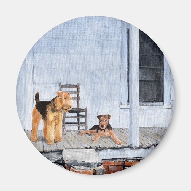Airedale Terriers på verandan Magnet (Framsidan)