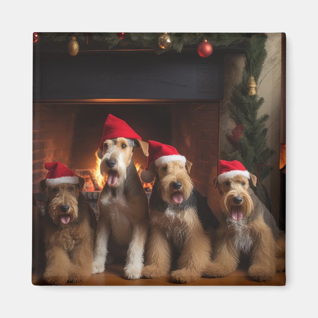 Airedale vid julbrasan  magnet (Framsidan)