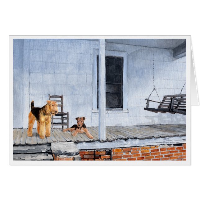 Airedales på verandan hälsningskort (Framsidan Horizontal)