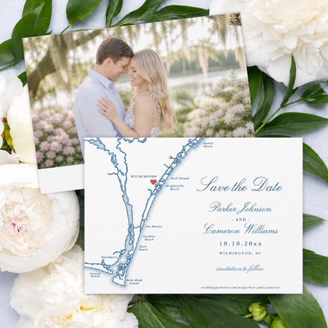 Airlie Gardens Bröllop Wilmington NC Karta Spara Datumet (Airlie Gardens Wedding Save the Date with Wilmington NC Map in navy blue by Coastal Map Designs)