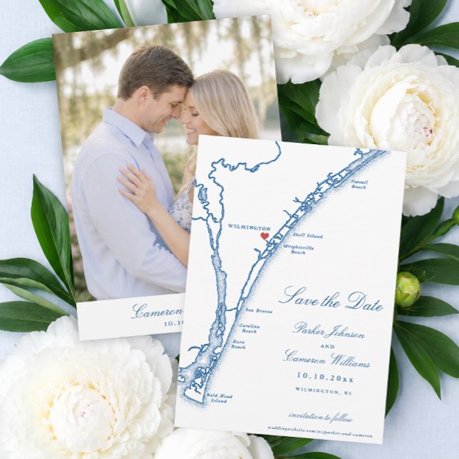 Airlie Gardens Bröllop Wilmington NC Marinblå Kart Spara Datumet (Airlie Gardens Wedding Engagment Photo Save the Date with Wilmington NC Map by Coastal Map Designs)