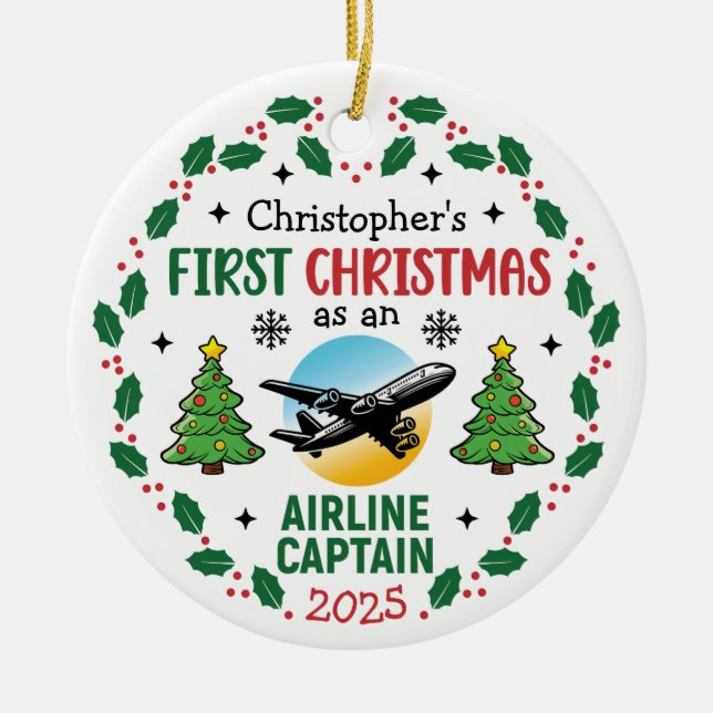 Airline Captain First Christmas Pilot Personalized Julgransprydnad Keramik (Framsidan)