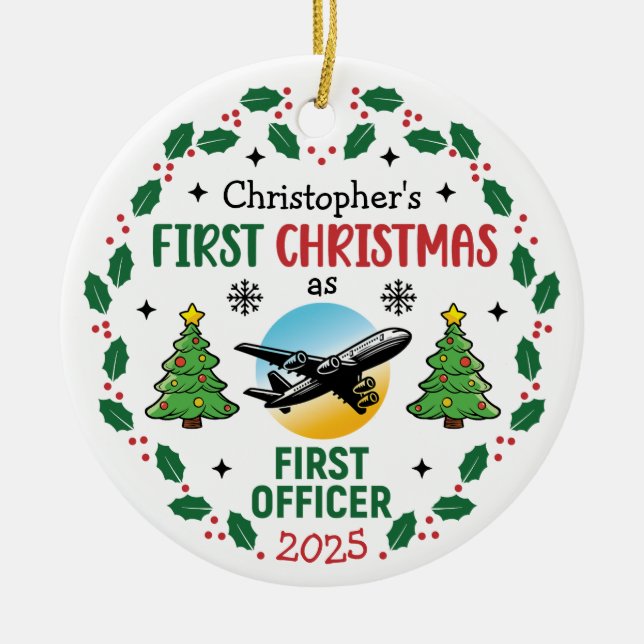 Airline First Officer Personalized Pilot Christmas Julgransprydnad Keramik (Framsidan)