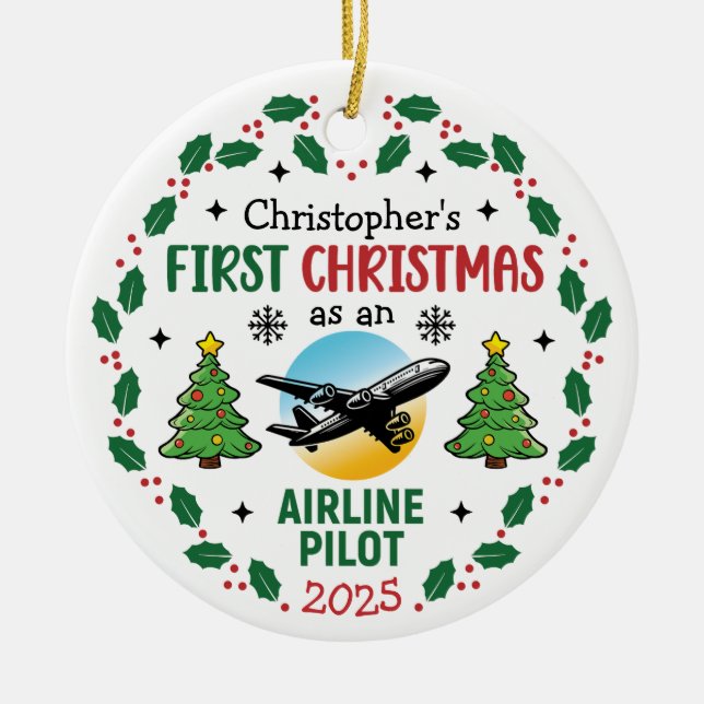 Airline Pilot First Christmas Personalized Julgransprydnad Keramik (Framsidan)