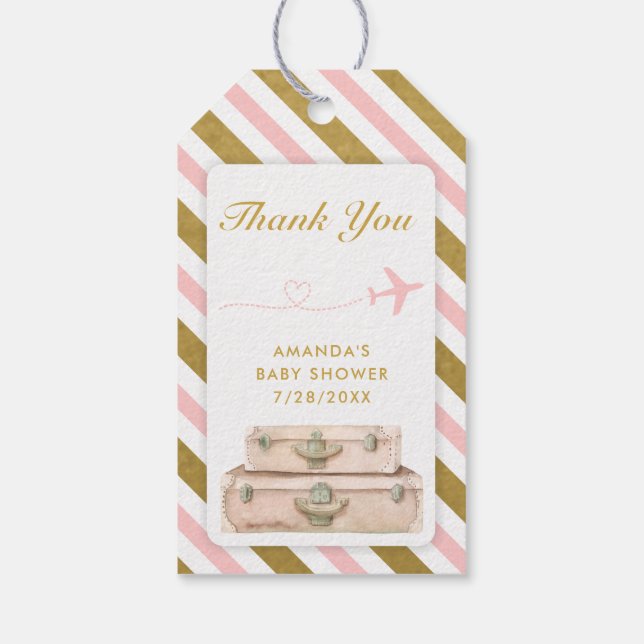 Airline Travel Baby Shower Rosa Guld Chic Suitcase Presentetikett (Baksidan)