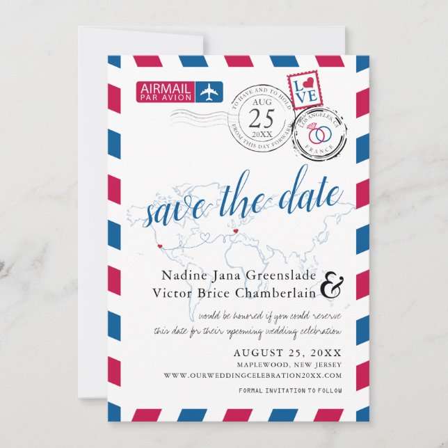 Airmail Heart Los Angeles och Frankrike Spara datu Spara Datumet (Framsida)