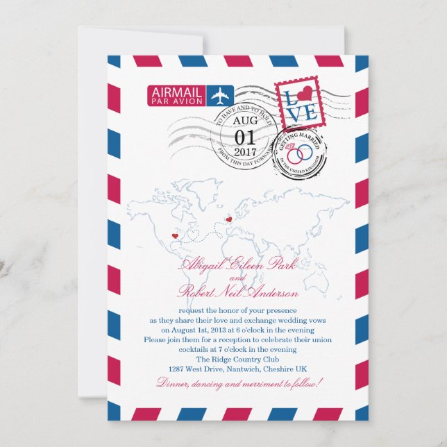 Airmail Heart UK och Missouri USA Bröllop Inbjudningar (Framsida)