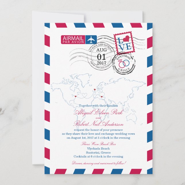 Airmail New York, Skottland och Grekland Bröllop Inbjudningar (Framsida)