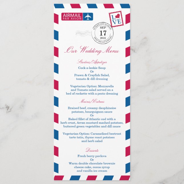 Airmail Red Blue Rand Bröllop Menu Meny (Framsida)