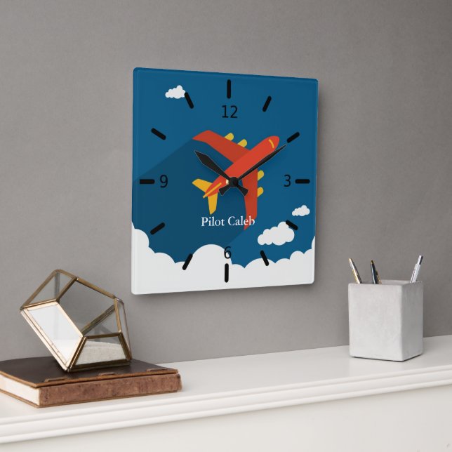 Airplane Above Clouds Personalized Gift for Boys Fyrkantig Klocka (Kontor)