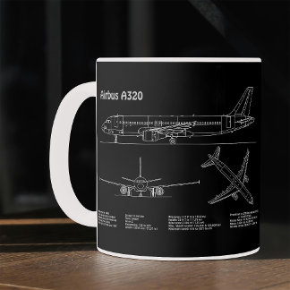 Airplane Airbus A320 in Blueprint Drawing PD Kaffemugg