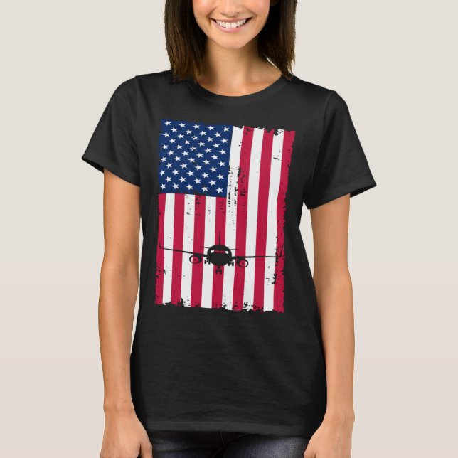 Airplane American Flag Pilot Jet Aviation T Shirt (Framsida)