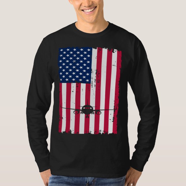 Airplane American Flag Pilot Jet Aviation T Shirt (Framsida)
