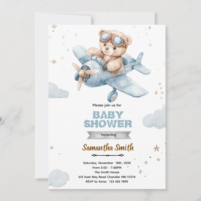 Airplane Bear Baby Shower Invitation Inbjudningar (Framsida)