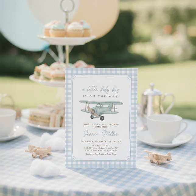 Airplane Blue Gingham Baby Shower Invitation Inbjudningar (Skapare uppladdad)