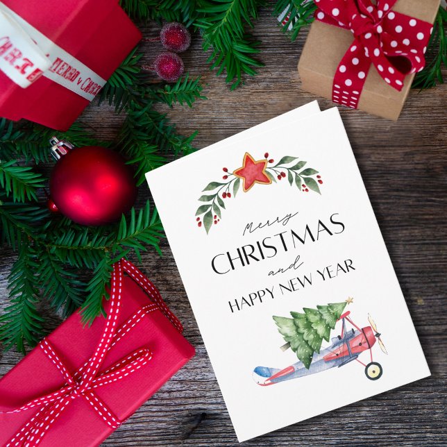 Airplane carries Christmas Tree Family Photo Funny Kort (Skapare uppladdad)