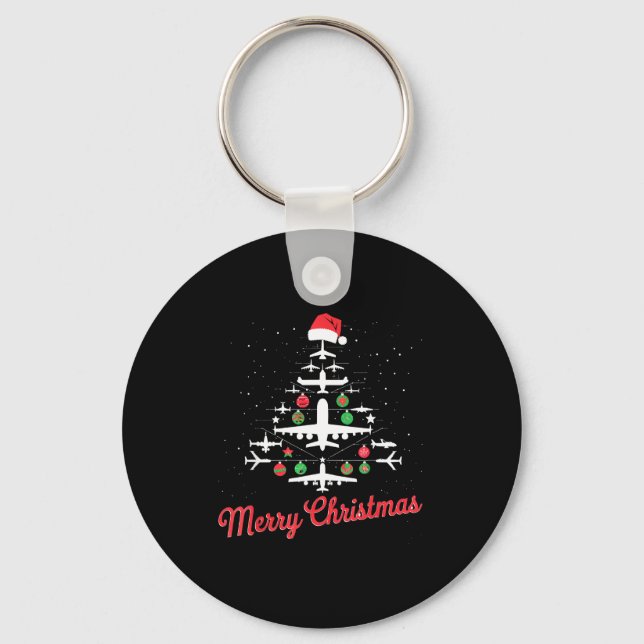 Airplane Christmas Tree Cute Airplane Xmas Holiday Nyckelring (Framsida)