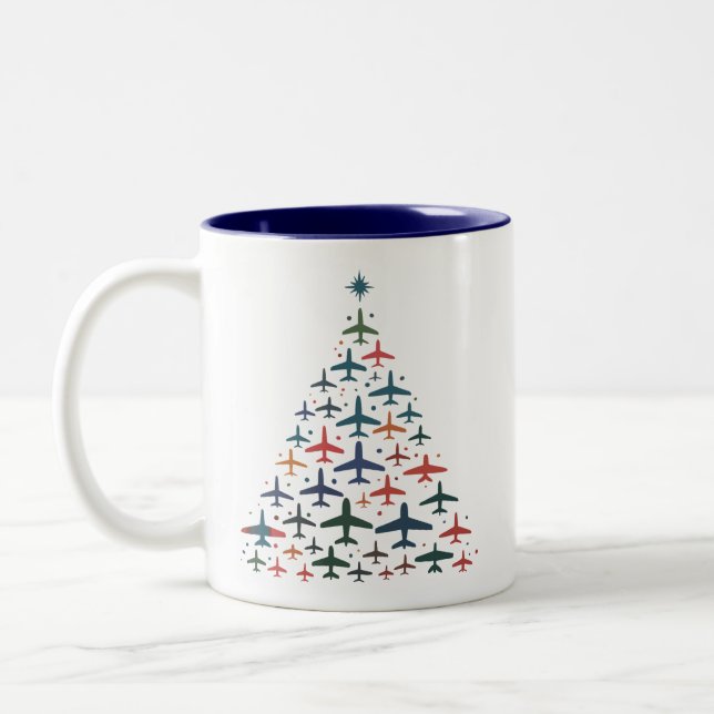 Airplane Christmas Tree Retro Pilot Flying Flight  Två-Tonad Mugg (Vänster)