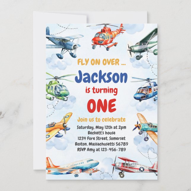 Airplane Fly On Over Boy Birthday Invitation Inbjudningar (Framsida)