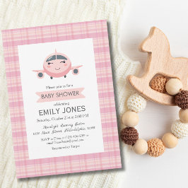 Airplane Girl Cute Baby Shower Pink and Grey Inbjudningar