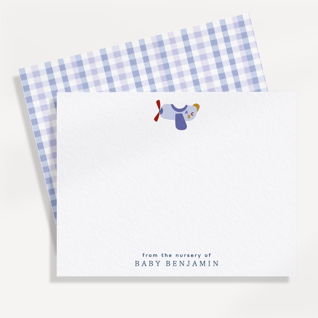 Airplane Nursery Note Card with Blue Gingham Back Meddelande (Skapare uppladdad)