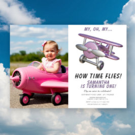 Airplane Oh My Time Flies Travel First Birthday Inbjudningar