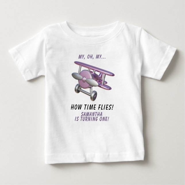 Airplane Oh My Time Flies Travel First Birthday  T Shirt (Framsida)