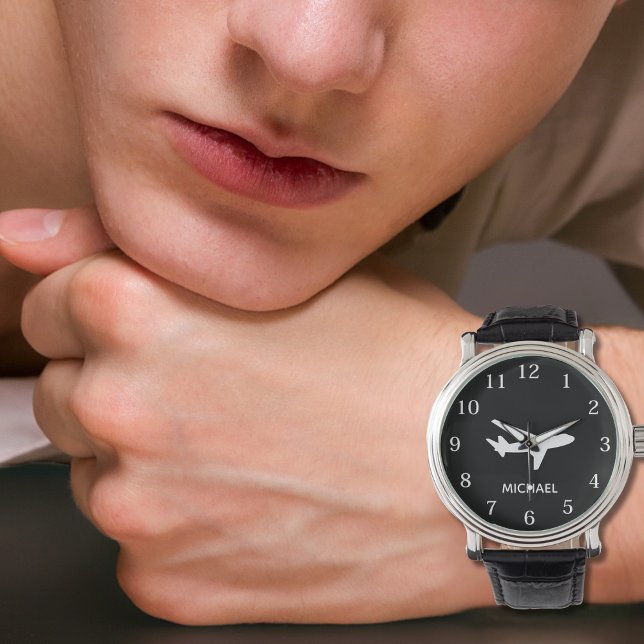 Airplane Pilot Aviation Black and White Custom   Armbandsur (Skapare uppladdad)